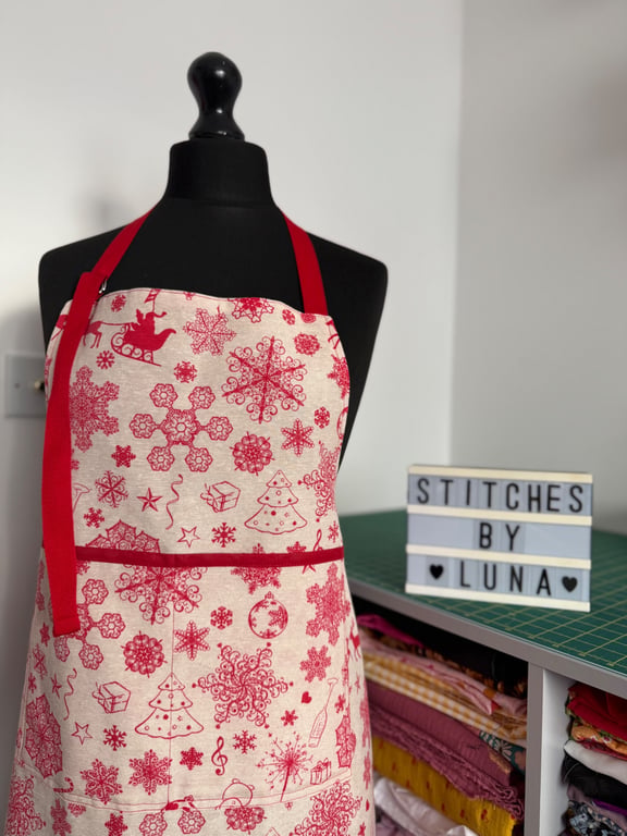 Handmade Christmas Festive Print Apron, Holiday Chef Apron, Cotton Canvas