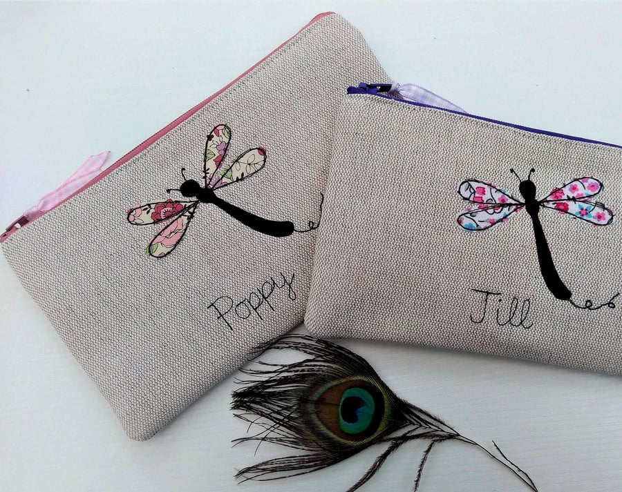 Personalised Dragonfly Makeup Bag - Oatmeal Linen Cosmetic Pouch