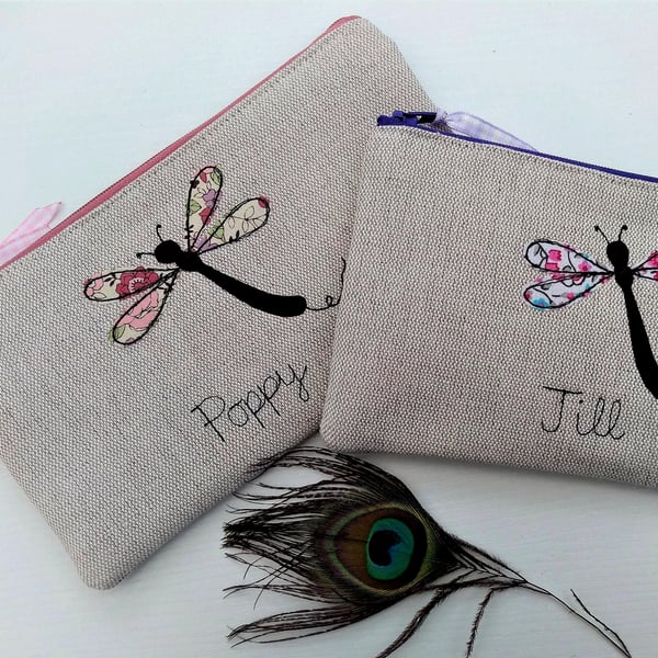 Personalised Dragonfly Makeup Bag - Oatmeal Linen Cosmetic Pouch