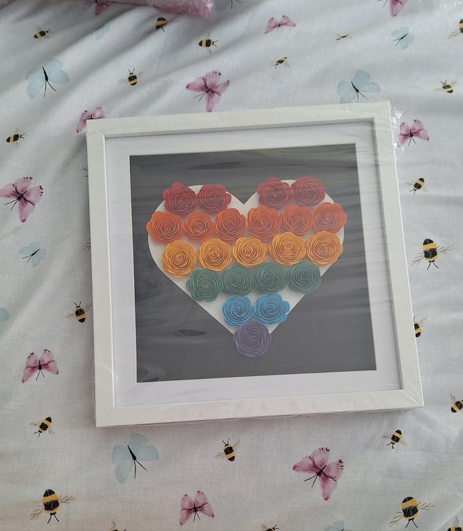 Pride Rainbow 3D Shadow Box Frame Hand Rolled Flowers in Heart Shape Home Décor