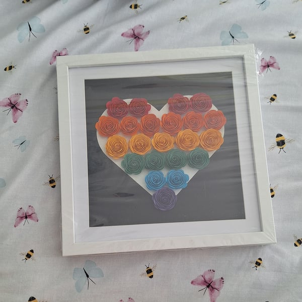Pride Rainbow Flag 3d Shadow Box Frame with Rolled Flowers in a Heart Shape