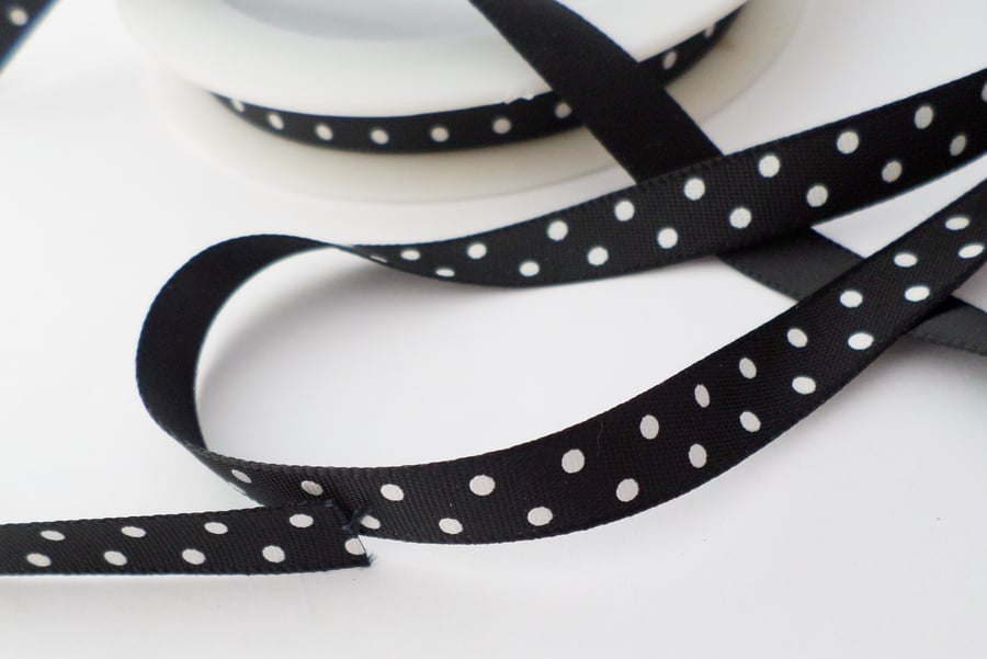 Black Satin ribbon, polka dot 10mm wide x 5 metres 