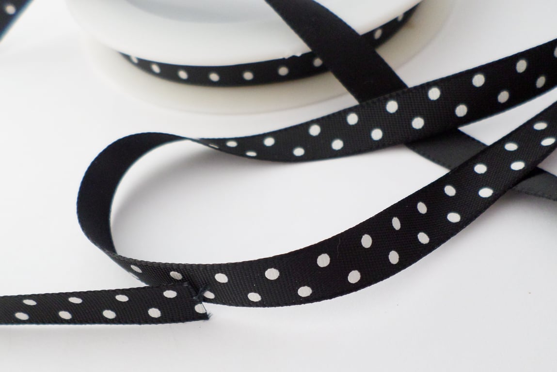 Black Satin ribbon, polka dot 10mm wide x 5 metres 