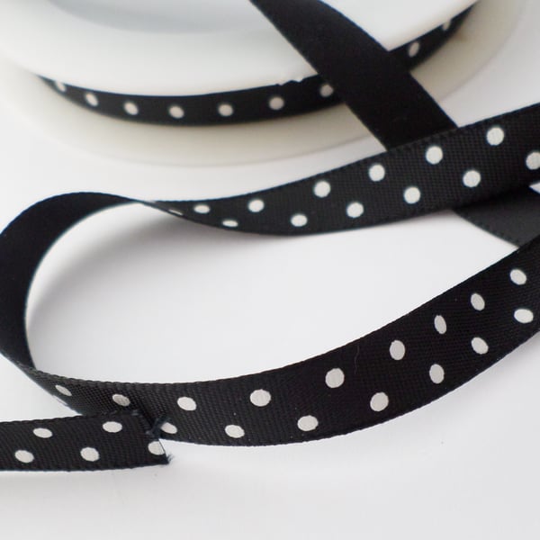 Black Satin ribbon, polka dot 10mm wide x 5 metres 