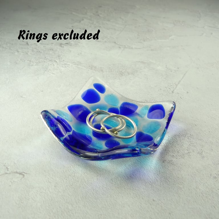 Blue mosaic fused glass trinket dish, rings, earrings, shallow, 5.5cm approx