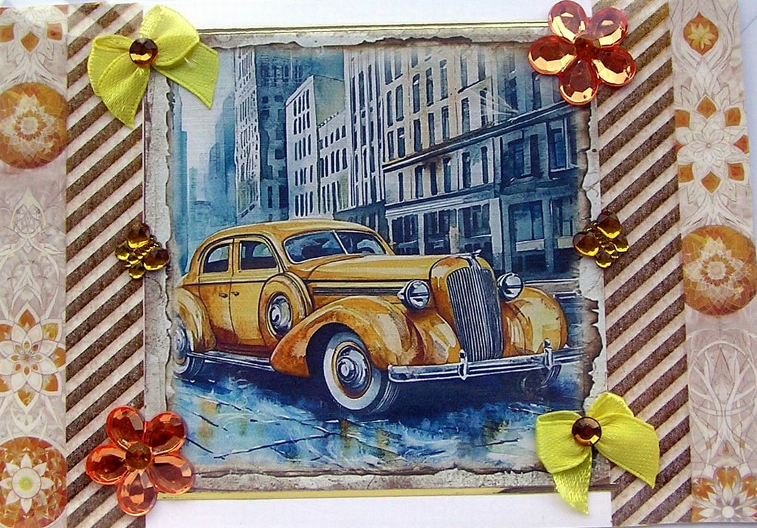 Yellow Vintage Car Hand Crafted Decoupage Greeting Card - Blank - 3016
