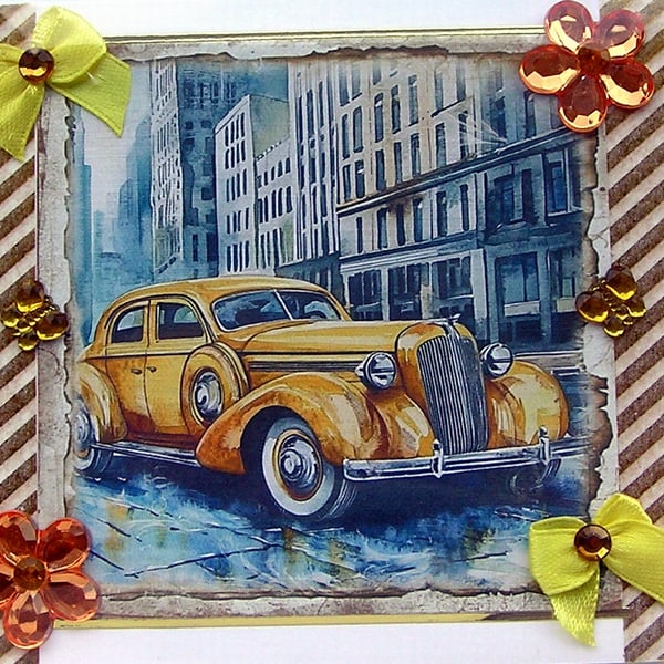 Yellow Vintage Car Hand Crafted Decoupage Greeting Card - Blank - 3016