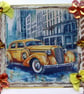 Yellow Vintage Car Hand Crafted Decoupage Greeting Card - Blank - 3016