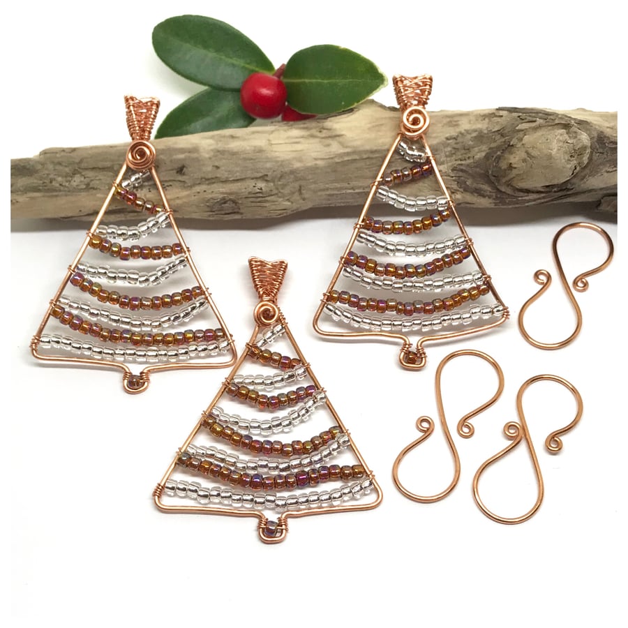 Copper Christmas Tree Decorations. Set of Three, Hanging Decorations