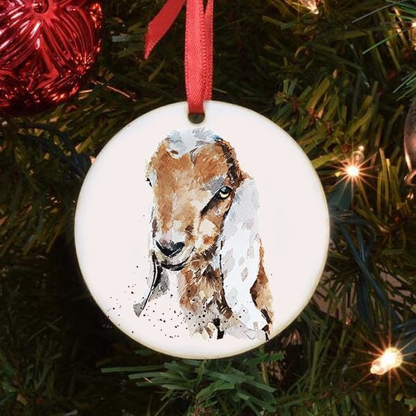 Nubian Goat I Ceramic Circle Tree Decoration. Nubian Goat Xmas Tree Decoration,N