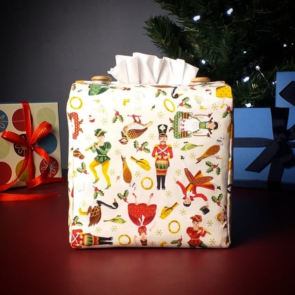 Square Tissue Box Cover - Twelve Days of Christmas Design