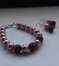 MAUVE AND SILVER, PEARL AND PAVE BEAD BRACELET AND EARRING SET. - Image 1