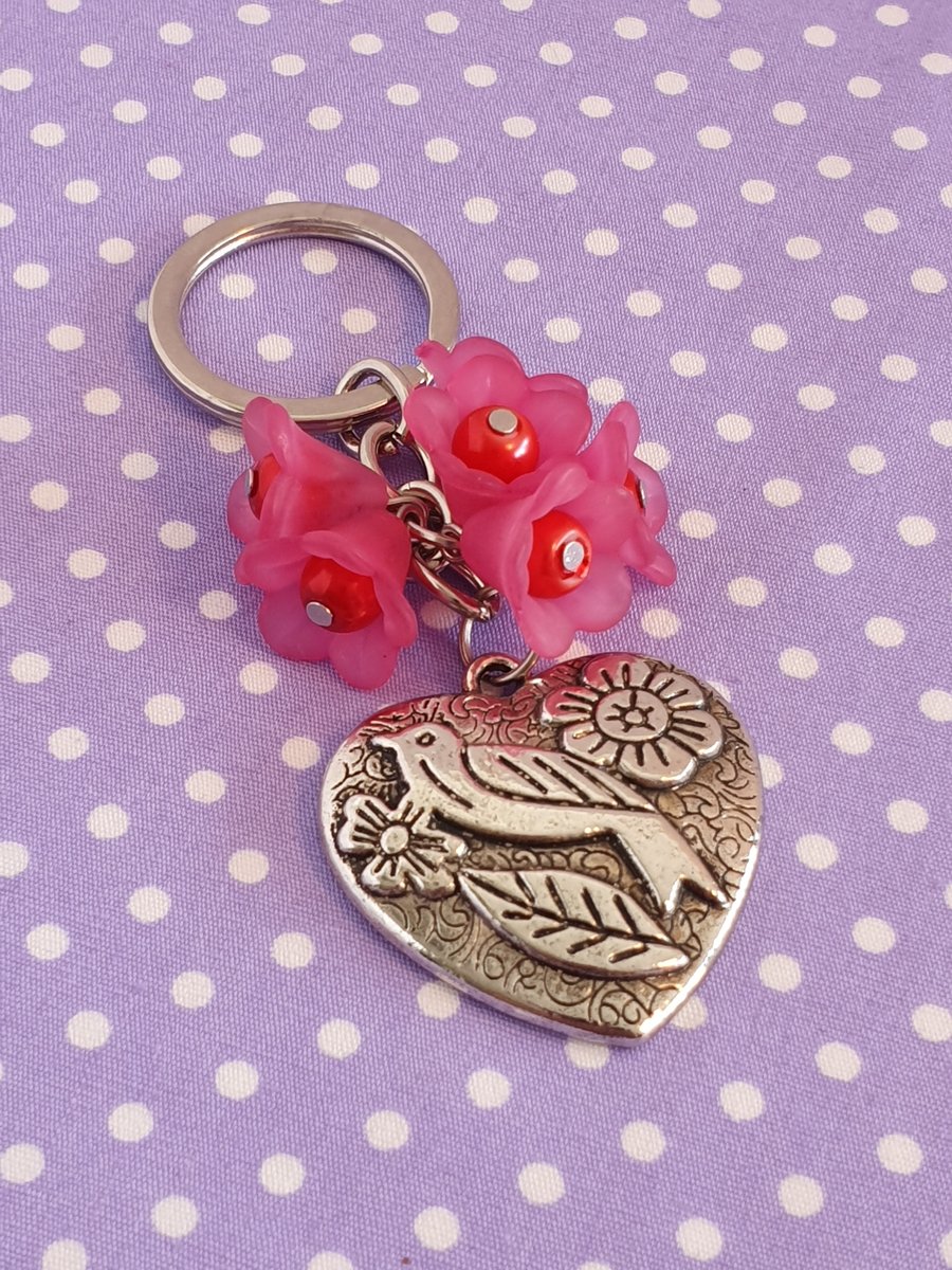 Fuchsia Pink Flower, Bird and Heart Keychain, Keyring, Bag Charm
