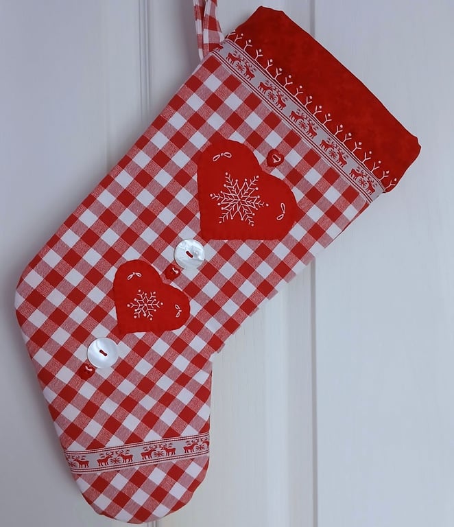 Scandi Style Snowflake Hearts Red Gingham Christmas Stocking