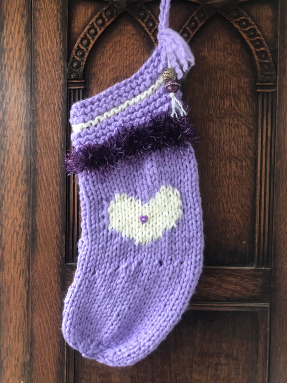 Chunky mauve handknitted stocking , heart motif , gift Unique
