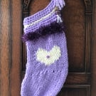 Chunky mauve handknitted stocking , heart motif , gift Unique