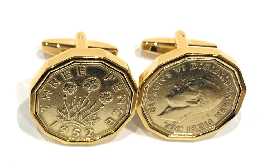 1952 Threepence Coin Cufflinks Mens 72nd Birthday Gift  Present Anniversary