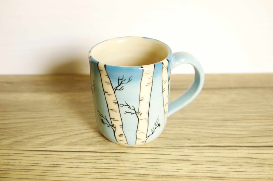 Small Coffee Mug - Birch Tree, Sky and Birds 