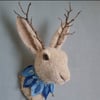 RESERVED- Large cream wool felted jackalope with twig antlers & felt collar 