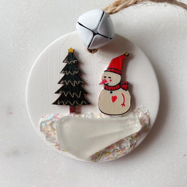 Ceramic Christmas decoration with Cornwall sea glass 