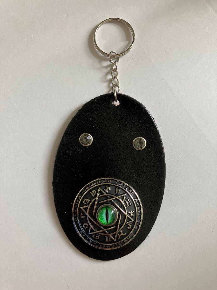 Black Leather Keyring with Mystical Cat's Eye Design and 2 Light Black Gemstones