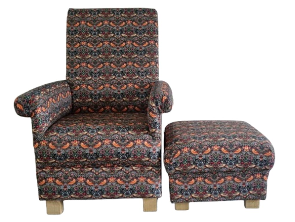 William Morris Strawberry Thief Navy Blue Fabric Adult Chair & Footstool Birds