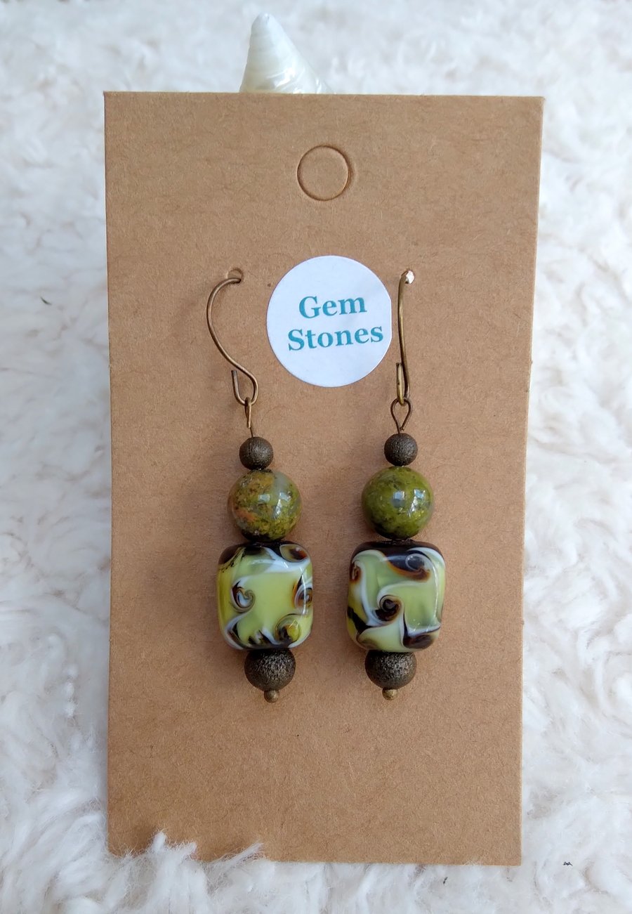 UNAKITE & Lampwork glass beaded bronze EARRINGS