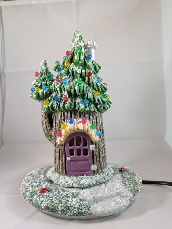 Ceramic Xmas Christmas Snowy Conifer Tree Cottage House Table Lamp Decoration.  