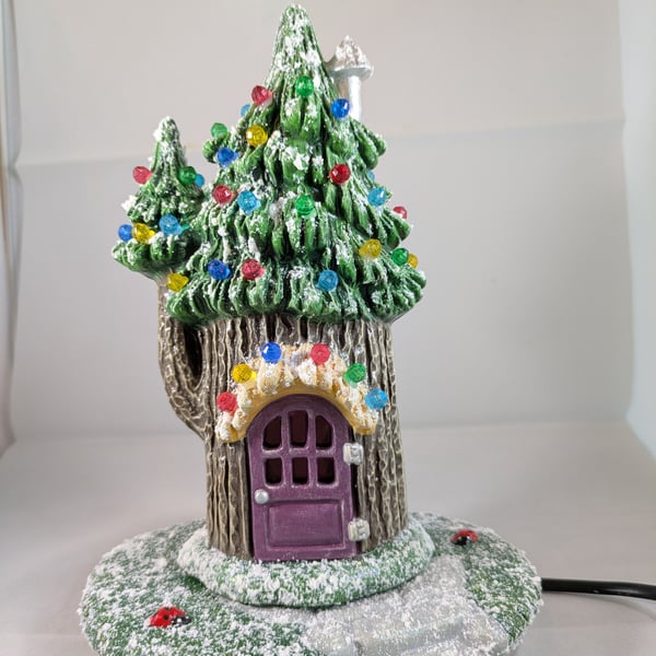 Ceramic Xmas Christmas Snowy Conifer Tree Cottage House Table Lamp Decoration.  