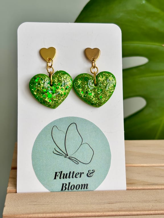 Green and Gold Glitter Heart Dangle Earrings 