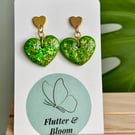 Green and Gold Glitter Heart Dangle Earrings 
