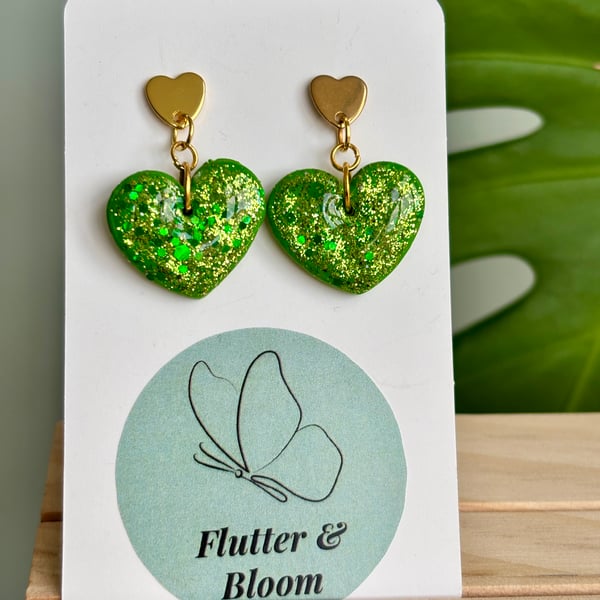 Green and Gold Glitter Heart Dangle Earrings 