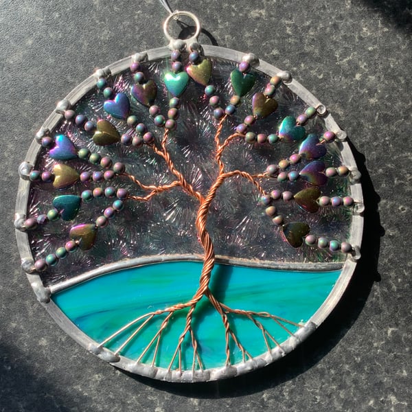 Hematite hearts tree of life suncatcher