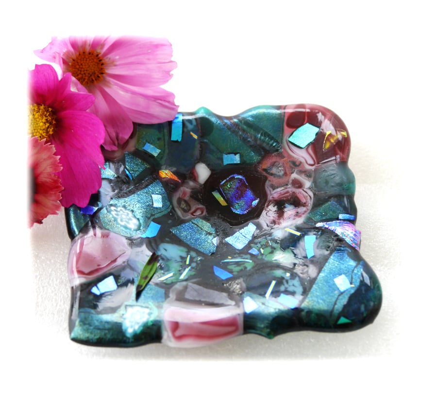 Fused Dichroic Glass Trinket Dish Aqua Pink 
