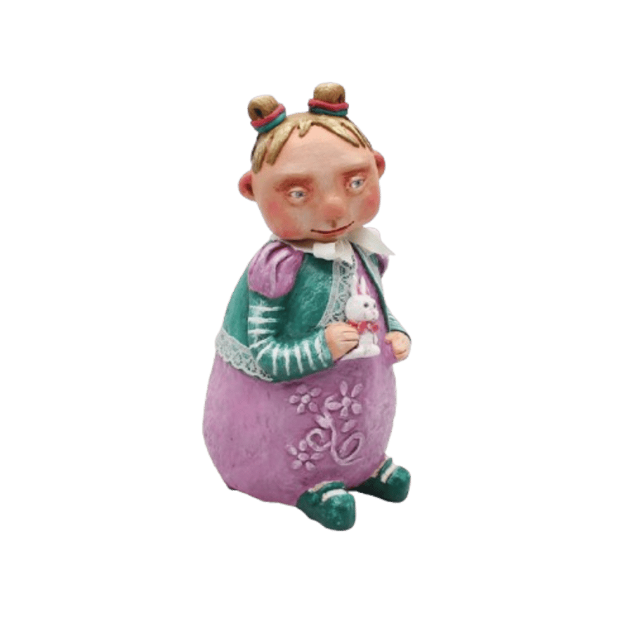 Paper clay handmade girl doll with Bunny. Whimsical OOAK Figurine. Collectable 