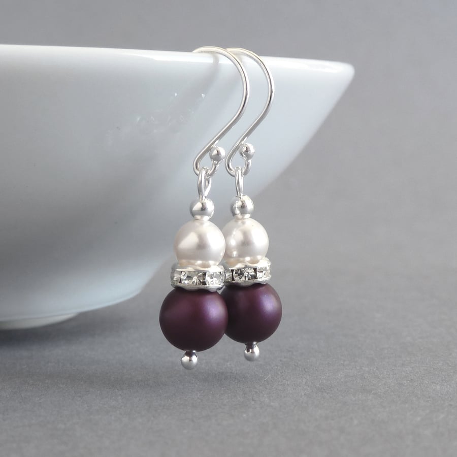 Plum Pearl Drop Earrings - Aubergine Bridesmaid Gifts - Purple Wedding Jewellery