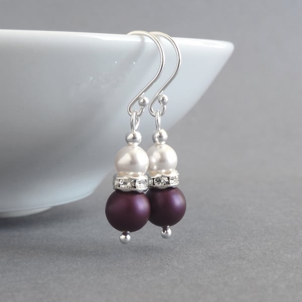 Plum Pearl Drop Earrings - Aubergine Bridesmaid Gifts - Purple Wedding Jewellery