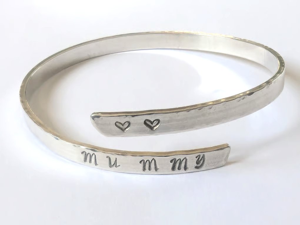 Mummy and Heart Bangle, recycled sterling silver