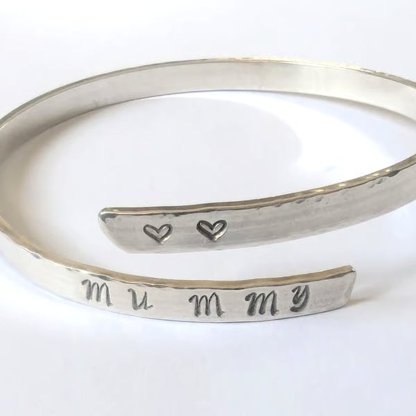 Mummy and Heart Bangle, recycled sterling silver