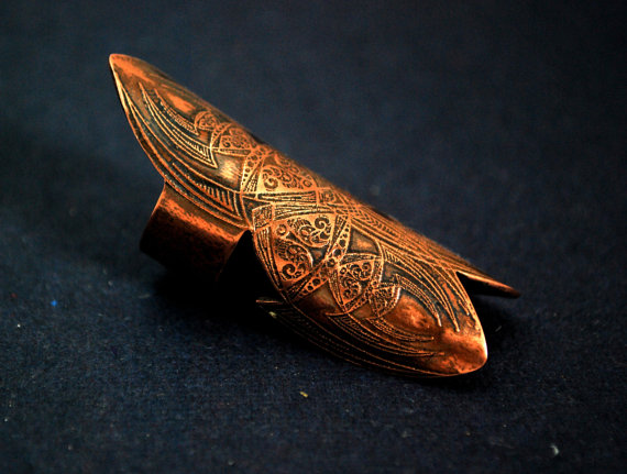medieval etched shield ring - copper ring - armour ring