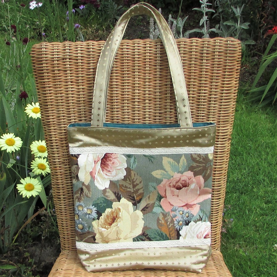 SALE - Gold satin tote bag with floral panel