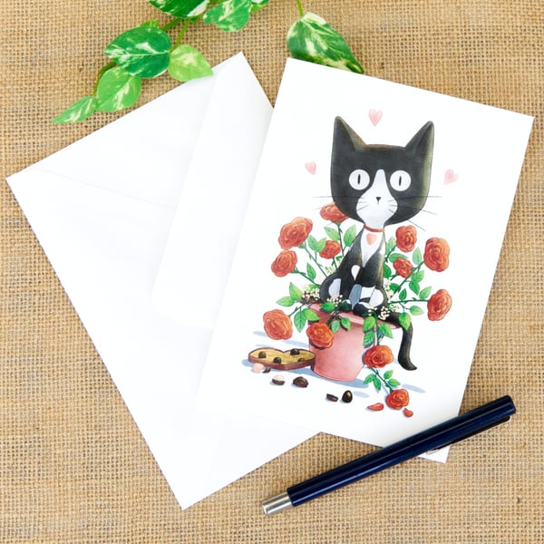 Valentine's Day Anniversary Black and White Cat Greetings Card
