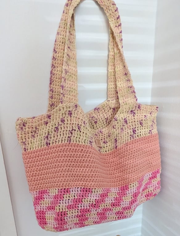 Handmade Crochet Tote Bag – Pink & Cream
