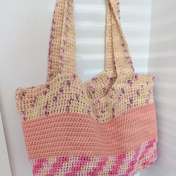 Handmade Crochet Tote Bag – Pink & Cream