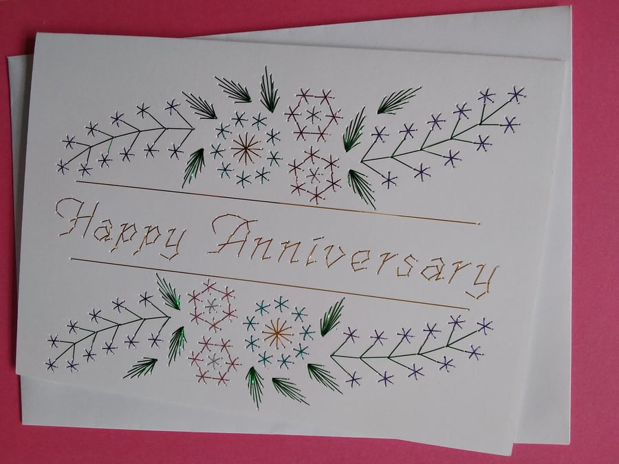 Happy Anniversary, Hand Embroidered Card.