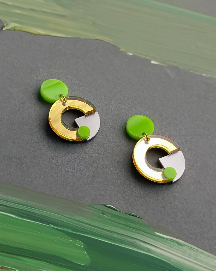 Bold Lime Crescent Geometric Earrings - Vibrant Green and Gold-Toned Jewellery