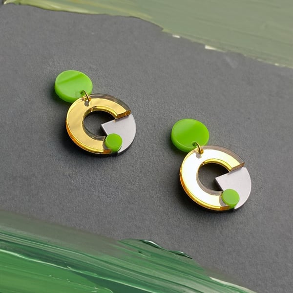 Bold Lime Crescent Geometric Earrings - Vibrant Green and Gold-Toned Jewellery