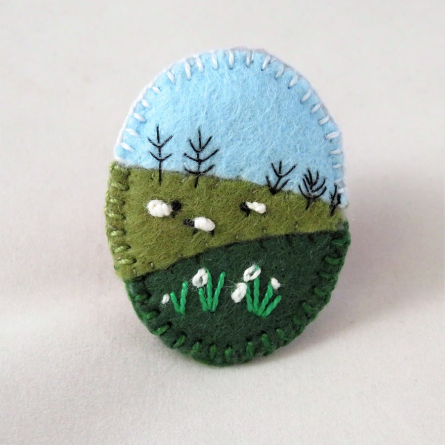 Sheep and Snowdrops - Embroidered oval felt brooch