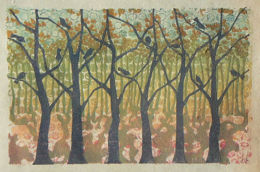 Oak Wood linocut and monoprint