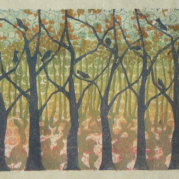 Oak Wood linocut and monoprint